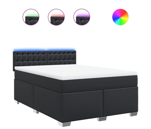 Cama box spring con colchón cuero sintético negro 140x200cm