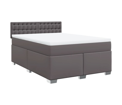 Cama box spring con colchón cuero sintético gris 140x200 cm