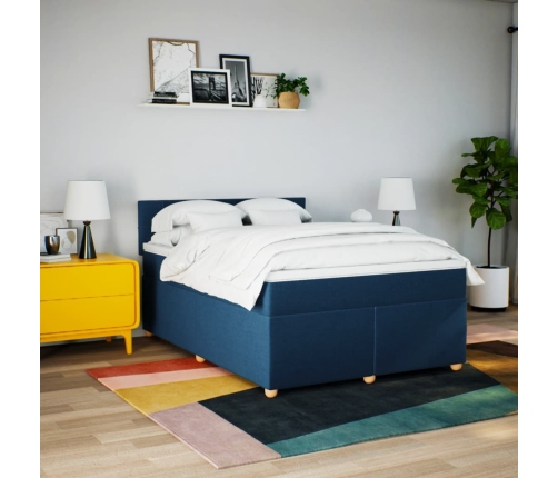 Cama box spring con colchón tela azul 160x200 cm