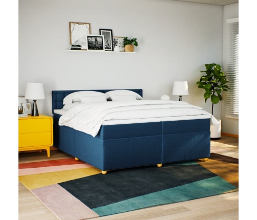 Cama box spring con colchón tela azul 200x200 cm