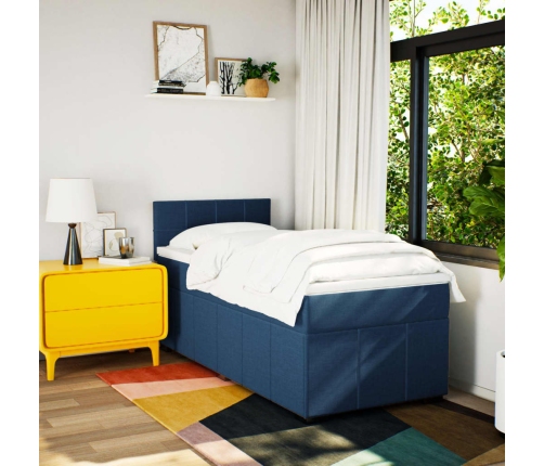 Cama box spring con colchón tela azul 90x190 cm