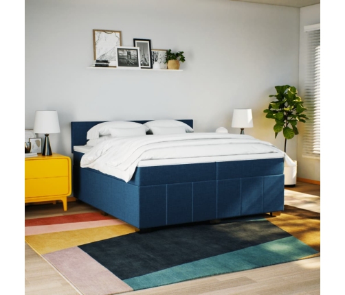 Cama box spring con colchón tela azul 200x200 cm