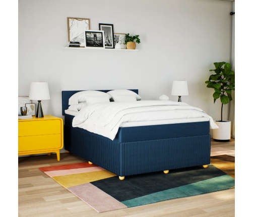 Cama box spring con colchón tela azul 140x190 cm