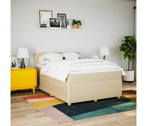 Cama box spring con colchón tela color crema 140x190 cm