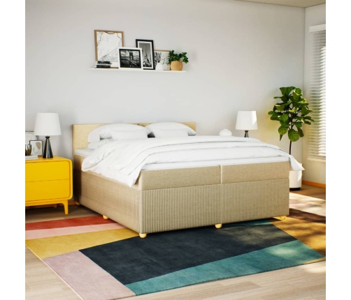 Cama box spring con colchón tela color crema 200x200 cm