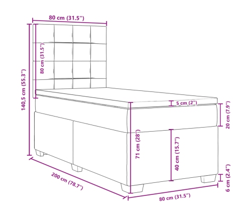 Cama box spring con colchón tela marrón oscuro 80x200 cm