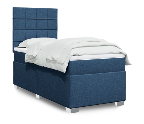 Cama box spring con colchón tela azul 90x190 cm