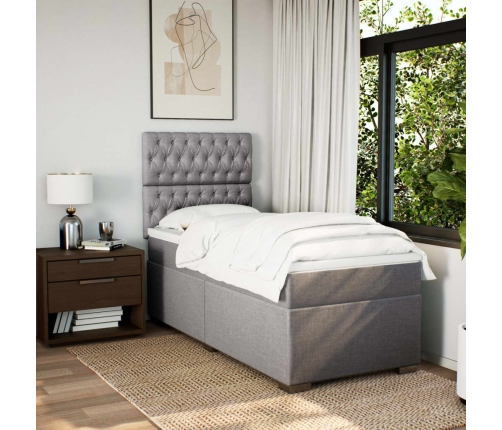 Cama box spring con colchón tela gris taupe 90x200 cm