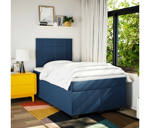 Cama box spring con colchón tela azul 120x190 cm