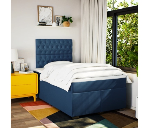 Cama box spring con colchón tela azul 120x190 cm