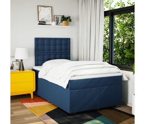 Cama box spring con colchón tela azul 120x190 cm