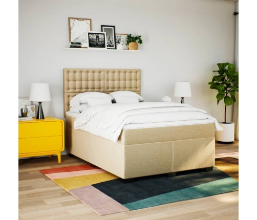 Cama box spring con colchón tela color crema 140x190 cm