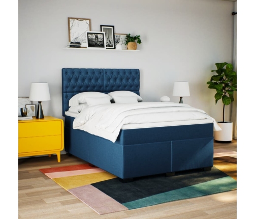 Cama box spring con colchón tela azul 160x200 cm