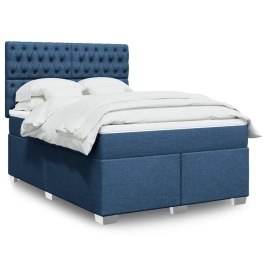 Cama box spring con colchón tela azul 160x200 cm