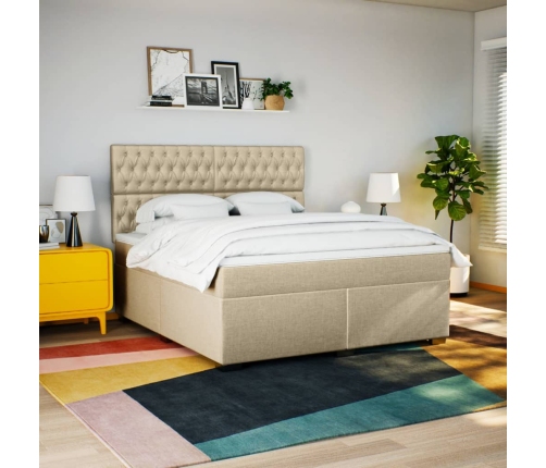 Cama box spring con colchón tela color crema 180x200 cm