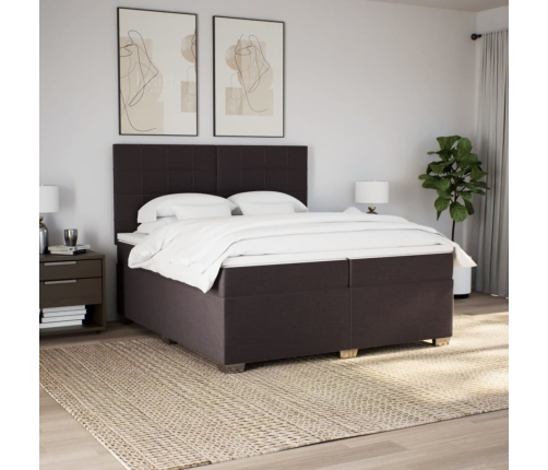 Cama box spring con colchón tela marrón oscuro 200x200 cm