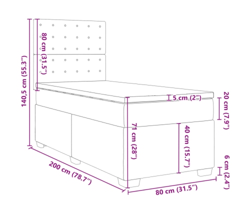 Cama box spring con colchón cuero sintético gris 80x200 cm