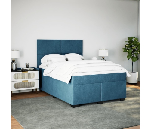 Cama box spring con colchón terciopelo azul 140x190 cm