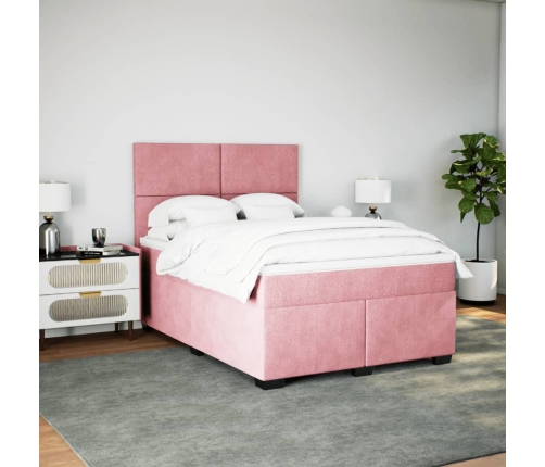 Cama box spring con colchón terciopelo rosa 140x190 cm