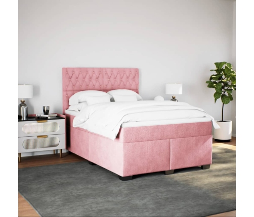 Cama box spring con colchón terciopelo rosa 140x190 cm