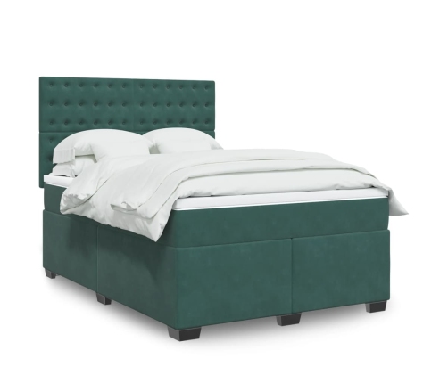 Cama box spring con colchón terciopelo verde oscuro 140x190 cm