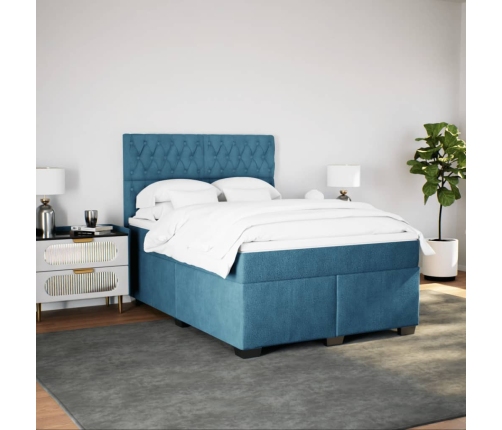 Cama box spring con colchón terciopelo azul 140x200 cm