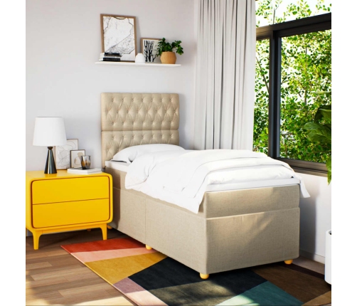 Cama box spring con colchón tela color crema 90x200 cm