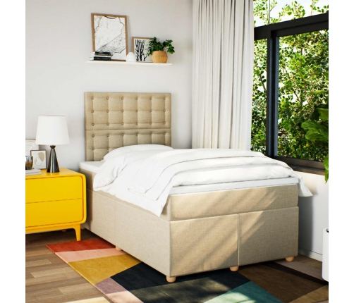 Cama box spring con colchón tela color crema 120x190 cm