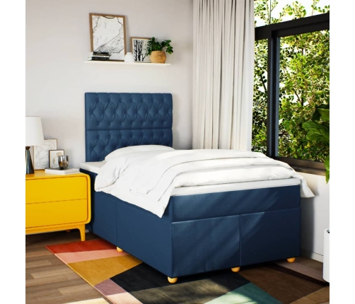 Cama box spring con colchón tela azul 120x200 cm