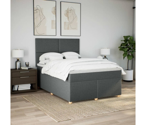 Cama box spring con colchón tela gris oscuro 140x190 cm