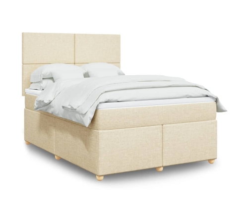 Cama box spring con colchón tela color crema 140x190 cm