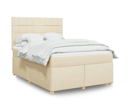 Cama box spring con colchón tela color crema 140x190 cm