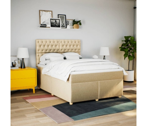 Cama box spring con colchón tela color crema 140x190 cm