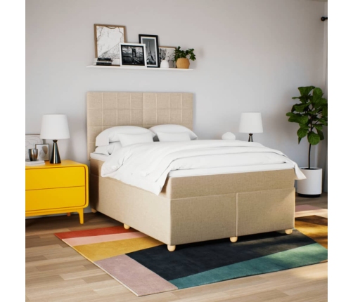 Cama box spring con colchón tela color crema 160x200 cm