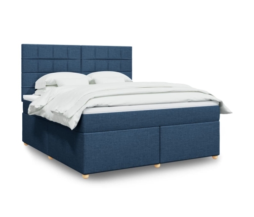 Cama box spring con colchón tela azul 180x200 cm