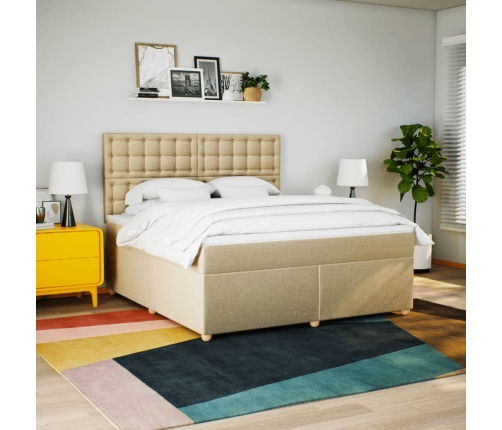 Cama box spring con colchón tela color crema 180x200 cm