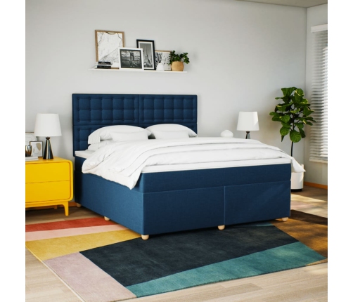 Cama box spring con colchón tela azul 180x200 cm