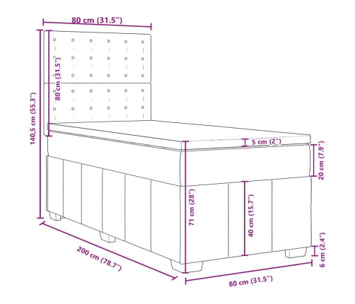 Cama box spring con colchón tela marrón oscuro 80x200 cm