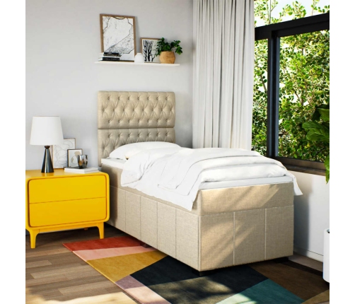 Cama box spring con colchón tela color crema 90x190 cm