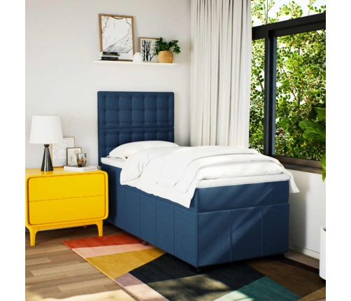 Cama box spring con colchón tela azul 90x190 cm