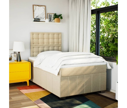 Cama box spring con colchón tela color crema 120x190 cm