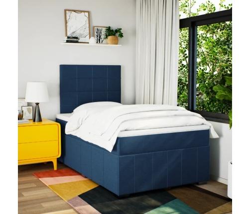 Cama box spring con colchón tela azul 120x200 cm