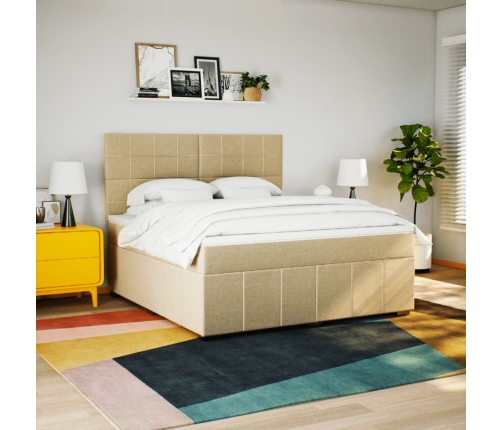 Cama box spring con colchón tela color crema 180x200 cm