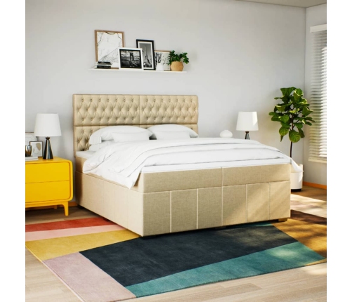 Cama box spring con colchón tela color crema 200x200 cm