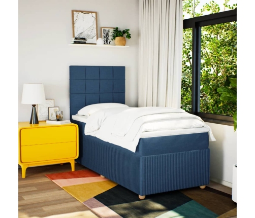 Cama box spring con colchón tela azul 90x190 cm