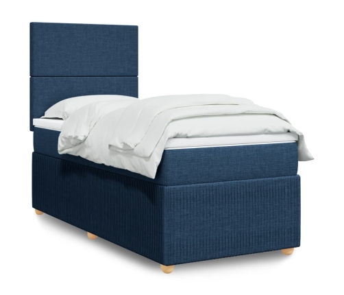 Cama box spring con colchón tela azul 90x200 cm