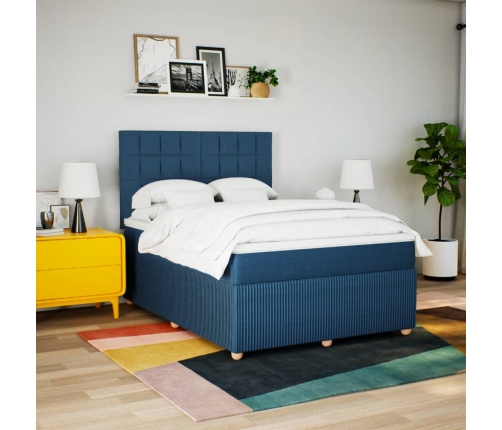 Cama box spring con colchón tela azul 140x190 cm