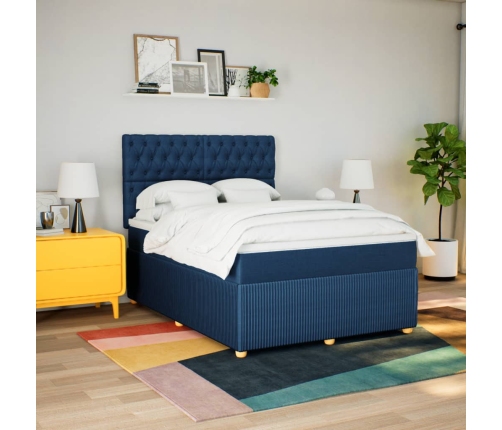 Cama box spring con colchón tela azul 140x190 cm