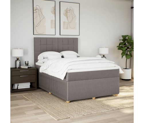 Cama box spring con colchón tela gris taupe 140x200 cm