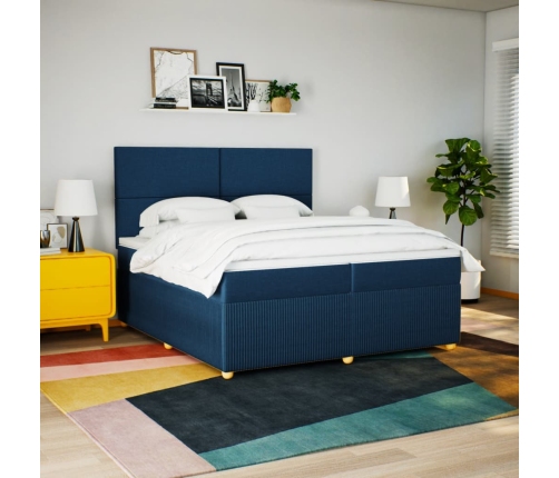 Cama box spring con colchón tela azul 200x200 cm